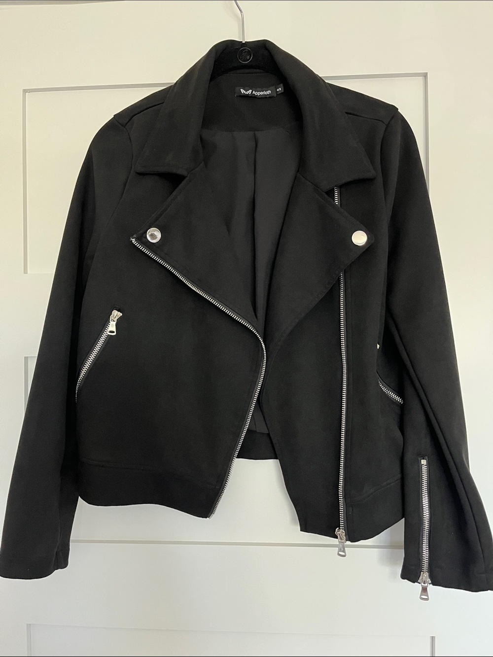 Apperloth Black Faux Suede Asymmetrical Moto Jacket with Silver Hardware